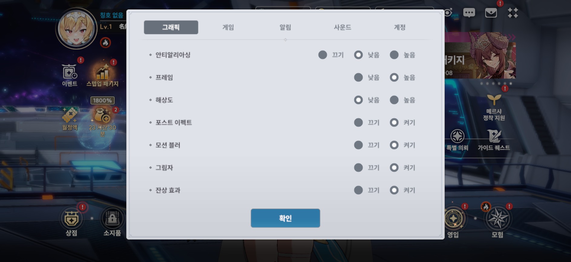 게임 내 그래픽 설정 화면