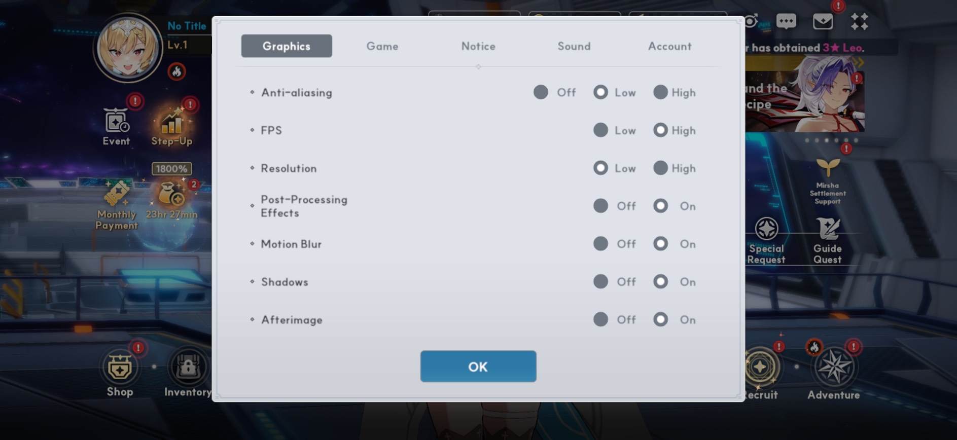 Graphics settings screen